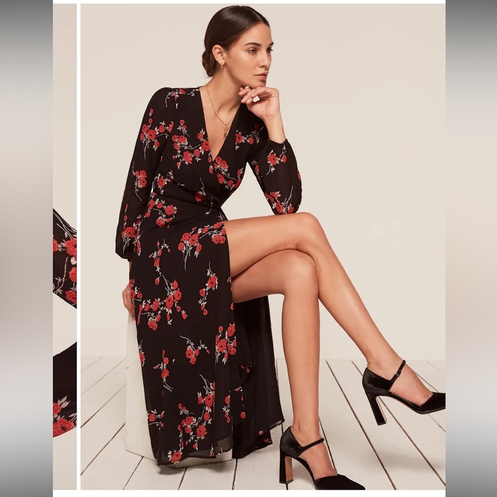 Reformation Nicole dress black with red floral print - size medium
